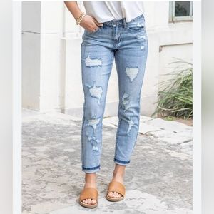 Grace & Lace Distressed Girlfriend Denim in Mid-Wash